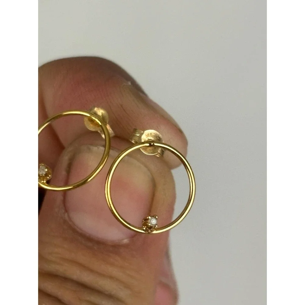 10K Gold Open Circle‎ Stud Earrings Tiny Stone Minimalist Dainty Vintage
